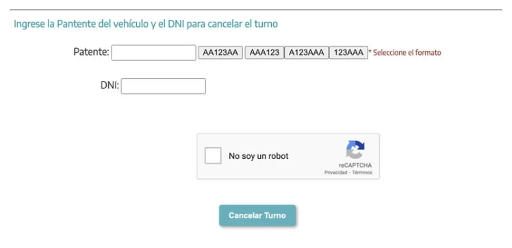 Pantalla para cancelar el turno de la VTV en General Rodríguez con patente y DNI